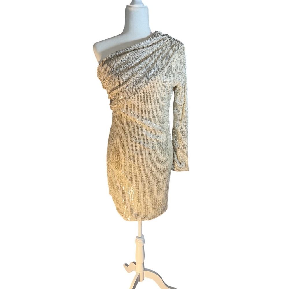 Champagne Gold Sequin One Shoulder Mini Dress XL 12 Cocktail Party